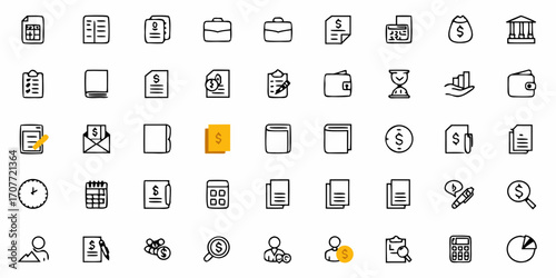 Illustration of various business and finance icons including documents money and office related symbols