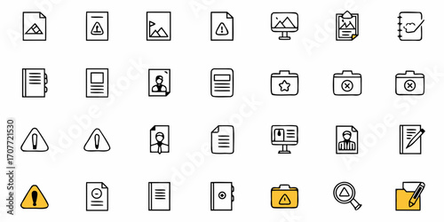 Collection of various document and file icons including alerts, folders, and profile representations
