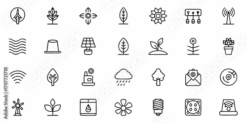 Illustration featuring a collection of diverse environmental and technological icons in a line art style