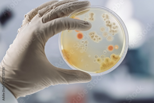 Gloved hand holding a Petri dish with mixed microbial colonies, possibly including Candida auris, Aspergillus, Staphylococcus aureus, and other fungi or bacteria. Ideal for scientific use