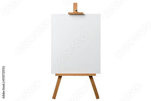 Blank canvas on wooden easel, perfect for artistic creations or presentations on a white isolate background.
