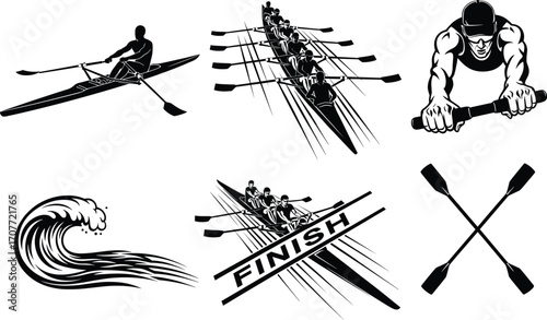 Rowing Sport Vector Set, Team and Solo Athletes, Finish Line Race, Paddle Icons, Ocean Wave Elements, Fitness Strength Concept