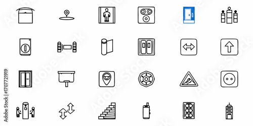 A collection of various line art icons including a box, map pin, and other miscellaneous symbols