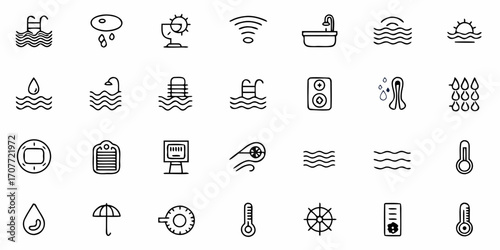 Collection of various outline icons related to water and weather conditions in a grid layout
