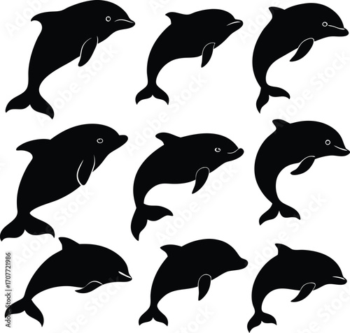 Black Dolphin Silhouettes: Vector Art of Jumping Marine Mammals
