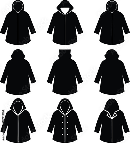 Black Raincoat Silhouettes: Collection of Hooded Jacket Designs