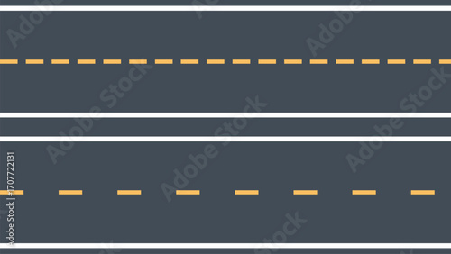Vector illustration of asphalt road lanes with yellow and white dashed lines. Perfect for maps, transportation design, traffic signs, driving tutorials, or city planning projects.