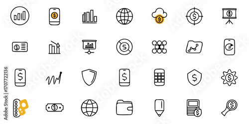 Collection of finance and business icons including charts, money, and world symbols in a grid layout