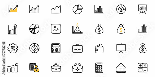 Illustration of business and finance icons including charts, graphs, money bags, and office equipment