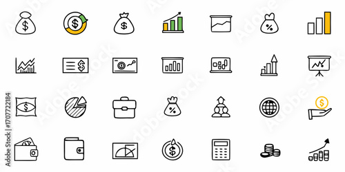 Collection of financial and business icons representing money growth and investment strategies and planning