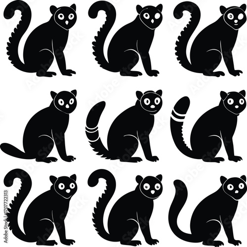 Black Lemur Silhouettes: Vector Art of Playful Primates on White