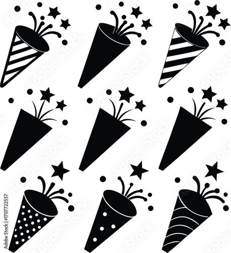 Black Party Poppers Vector Illustration Set with Stars and Dots