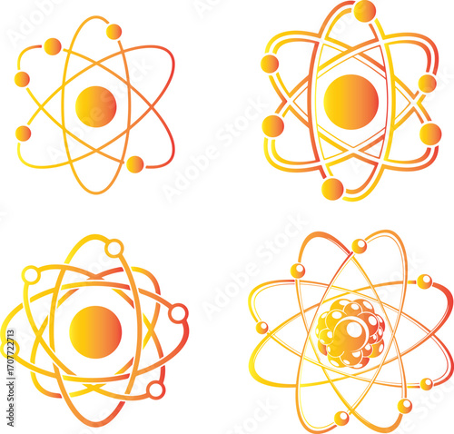 Scientific Atom Model Illustrations in Vibrant Orange and Yellow Gradients