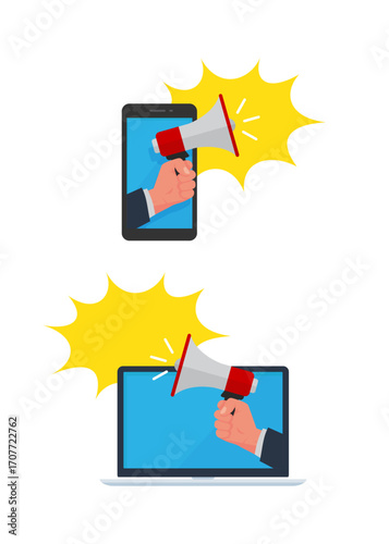 Megaphones appear out from smartphone and laptop screens to shout alerts for product promotions. Vector illustrations.