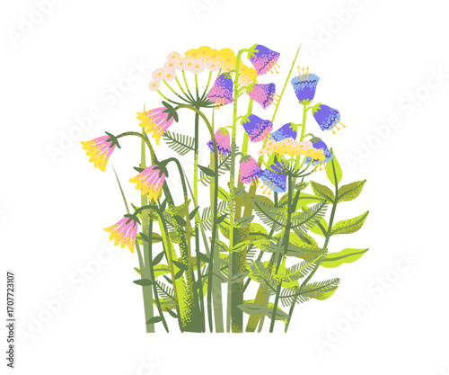 Wild bouquet of cartoon wildflowers, spring bunch and summer bush with groove floral style, colorful seasonal blossom illustration for decoration