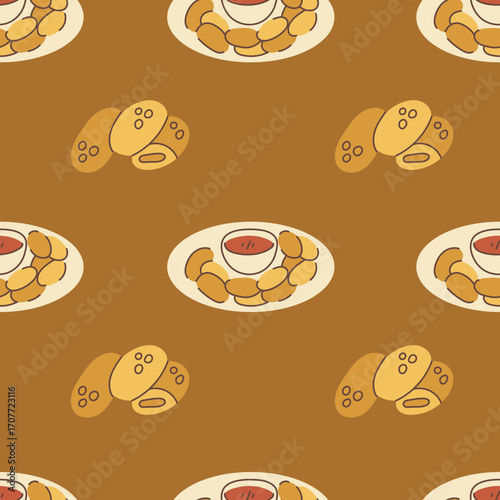 Chicken Nuggets Seamless Pattern. Hand drawn Fast Food Background with fried meal on dish. Cartoon cafe restaurant menu design. Flat vector illustration