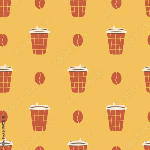 Hand Drawn Coffee Seamless Pattern. Modern Playful Paper Cup and Roasted Beans Cafe background. Flat vector illustration for wrapping paper, textile, wallpaper design