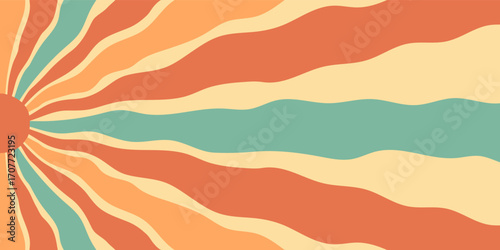 Groovy retro background with orange and yellow sun burst, wavy sun ray shapes and a bright y2k sunshine style. Abstract sun wave graphic in a horizontal trendy format, perfect for summer or pop