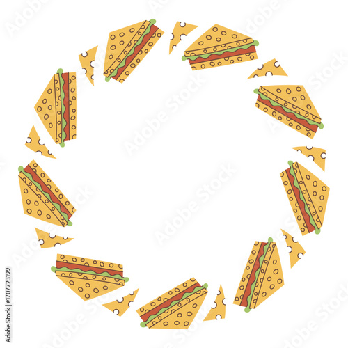 Sandwich Circle Frame. Hand drawn Fast Food Product Package design. Takeaway restaurant cafe delivery menu decoration. Flat vector illustration