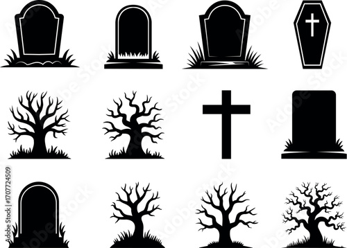 Halloween Graveyard Silhouette Vector Set – Tombstone, Coffin, Dead Tree, Cross Icons
