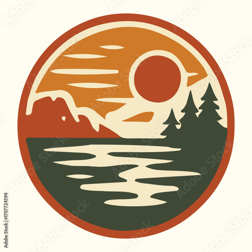 Lakeside Sunset Badge – Camping and Fishing Emblem