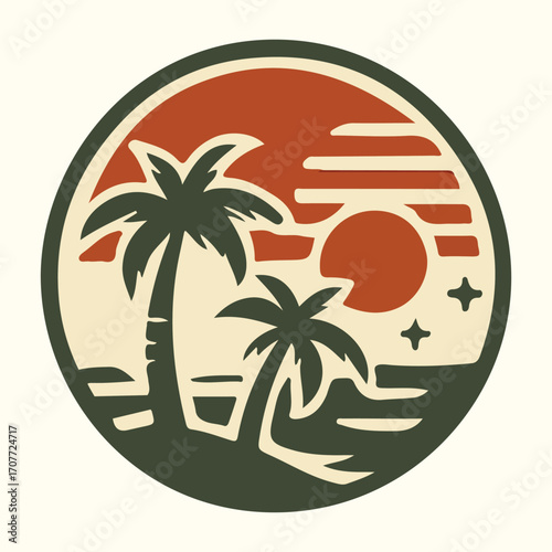 Tropical Sunset Badge – Vintage Palm Tree and Ocean Scene