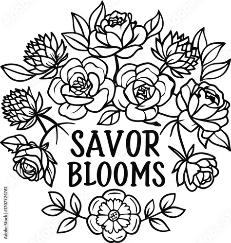 Floral Wreath Logo: Savor Blooms, Roses, Clover, Line Art, Black and White