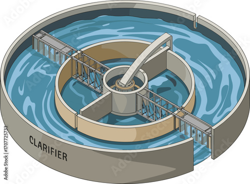 Detailed isometric illustration of a circular water treatment plant, modern wastewater purification system, industrial filtration process, eco-friendly engineering solution