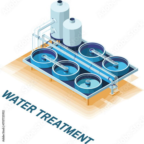 Isometric 3D water treatment plant, clean water system, wastewater management facility, filtration tanks, eco purification infrastructure, industrial processing unit.