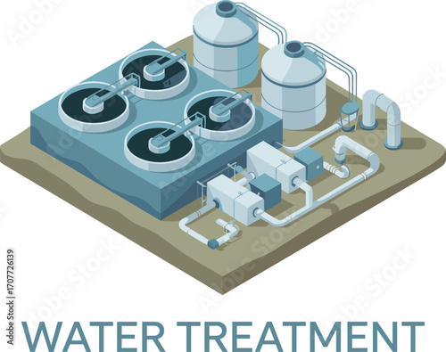 Isometric 3D water treatment plant, clean water system, wastewater management facility, filtration tanks, eco purification infrastructure, industrial processing unit.