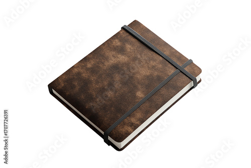 Stylish brown leather notebook with a black elastic band, isolated on a white background.