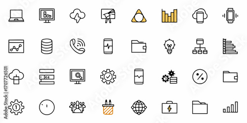 Modern business and technology icon set offering solutions for data analysis, communication, finance, and project management, perfect for digital platforms and presentations