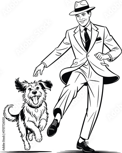 Vintage man in suit dancing happily with cheerful dog, joyful retro illustration of friendship, happiness, and lifestyle, perfect for classic design the