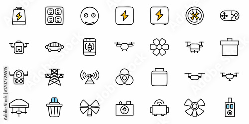 Capturing innovation and modern technology with this vibrant collection of clean, hand-drawn icons representing drones, energy, communication, and smart devices for dynamic design projects