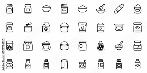 Diverse collection of simple line icons representing various containers like jars bottles tubs and bowls perfect for cosmetic pharmaceutical or food related concepts