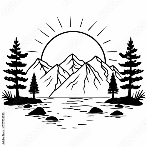Minimilist mountain range landscape with sun rising over peaks and trees reflected in water in black and white line art vector