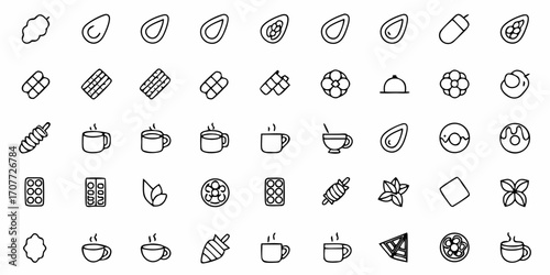 Delicious food and drink icons collection featuring avocados, chocolates, donuts, coffee cups, and culinary delights, perfect for menus, recipes, and healthy eating guides