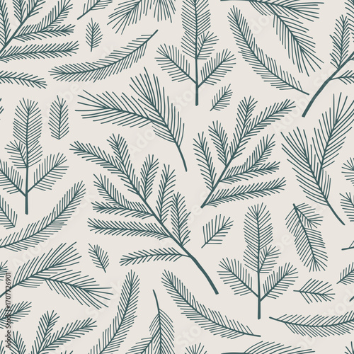 Christmas tree pine branches seamless pattern. Xmas hand drawn fir evergreen Scandinavian print for textile, wrapping paper, Christmas decorations. Nordic naive florals in simple winter ornament.