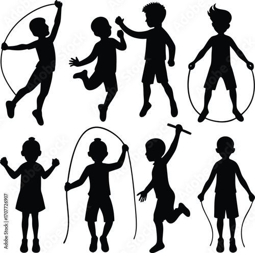 Silhouette Children Jumping Rope, Playful Black and White Vector