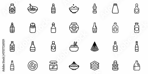 Vibrant collection of stylized icons representing bottles, bowls, and containers, perfect for culinary and food-related design projects