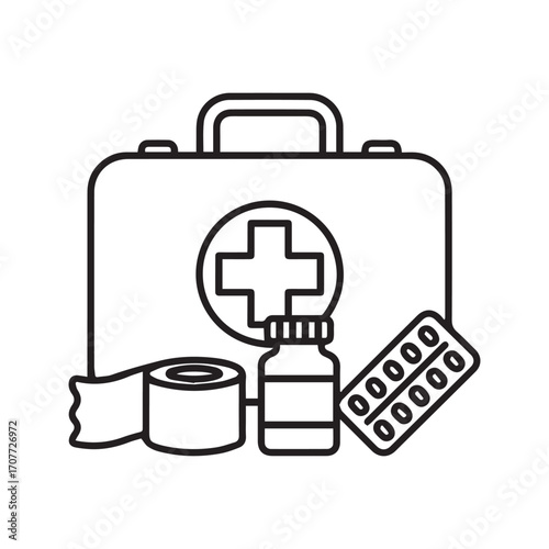 First aid kit line icon with medical supplies. Vector graphic of emergency healthcare equipment including bandage, medicine bottle, and pills.

