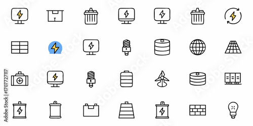 Dynamic collection of clean energy and sustainability icons featuring solar panels, batteries, wind turbines, light bulbs, and recycling symbols for modern eco-friendly designs and presentations