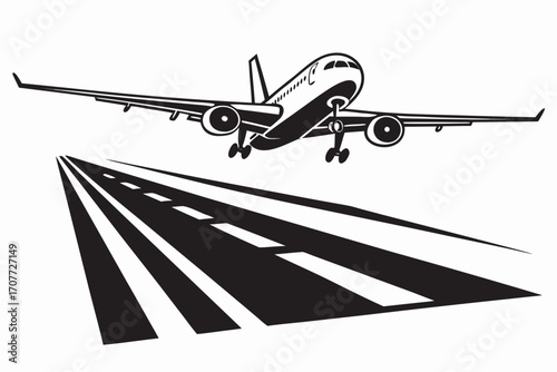 Airplane taking off from runway aviation graphic.