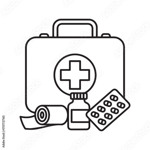 First aid kit line icon with medical supplies. Vector graphic of emergency healthcare equipment including bandage, medicine bottle, and pills.
