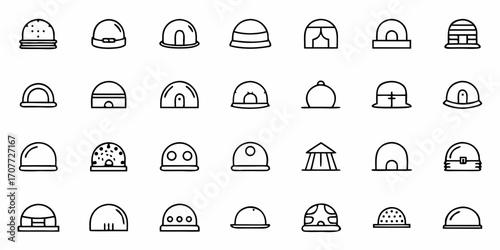 Discover a diverse collection of modern, minimalist dome and tent icons perfect for travel, adventure, camping, and shelter concepts, offering versatile design elements for your projects.