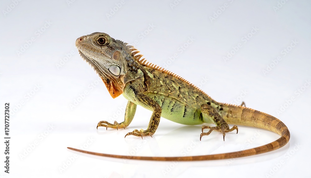 Naklejka premium A side profile shot of a vibrant green, orange, and brown lizard on a white, reflective surface. The lizard appears alert