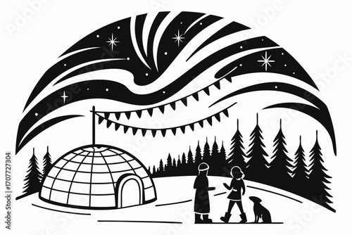 Arctic Igloo Scene with Aurora Borealis and Figures.