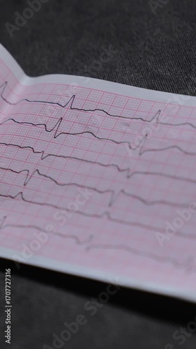 A paper ECG of a sick person's heart.
Study of the ECG and patient history.
Heart rhythm and heart disease.
Heart problems and tachycardia.
Heart, pain, heart attack, pulse