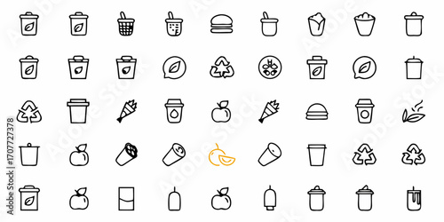 Diverse collection of minimalist icons representing everyday objects, food, and environmental symbols perfect for modern digital design projects and sustainable branding initiatives