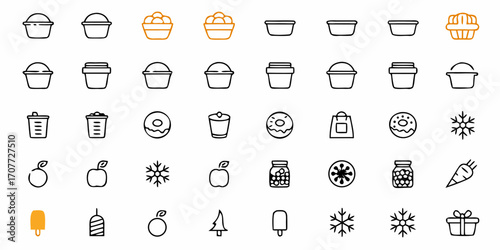 Whimsical collection of simple icons depicting food, drinks, winter elements, and everyday objects for modern design projects and digital content creation